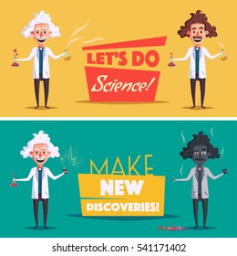 Crazy old scientist. Funny character. Cartoon vector illustration. Mad professor. Science experiment. Remote controller. Banners set. For advertising and web.  Science theme.