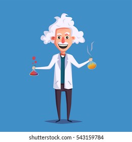 Crazy old scientist. Funny character. Cartoon vector illustration. Mad professor. Science experiment. Remote controller