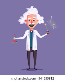 Crazy old scientist. Funny character. Cartoon vector illustration. Mad professor. Science experiment. Remote controller