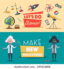 Crazy old scientist. Funny character. Cartoon vector illustration. Mad professor. Science experiment. Remote controller. Banners set. For advertising and web.  Science theme.