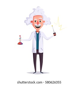 Crazy Old Scientist. Funny Character. Cartoon Vector Illustration