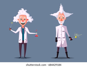 Crazy Old Scientist. Funny Character. Cartoon Vector Illustration