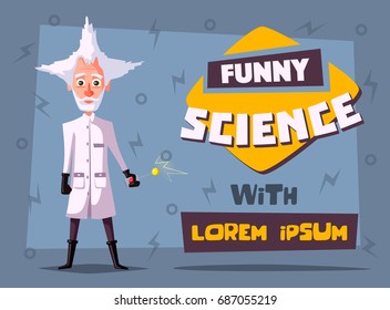 Crazy Old Scientist. Funny Character. Cartoon Vector Illustration