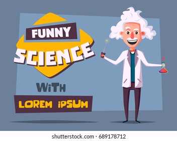 Crazy old scientist. Funny character. Cartoon vector illustration