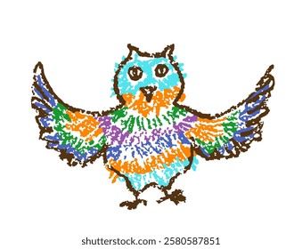 Crazy owl. Fantastic doodle vibrant funny bird. Crayon like kid`s hand drawn bright colorful flying character. Vector pastel chalk or pencil childlike simple cartoon naive art