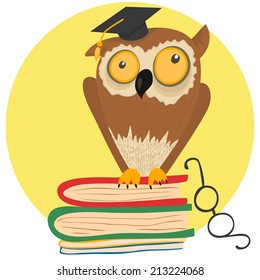 Crazy owl sitting on books. Yellow round icon