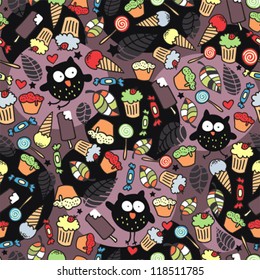 Crazy owls and some tasty things. Seamless pattern in vector.