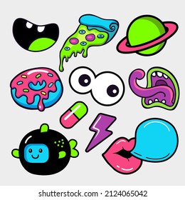  crazy party color fashion vector badges set for denim, textile, t-shirt, print