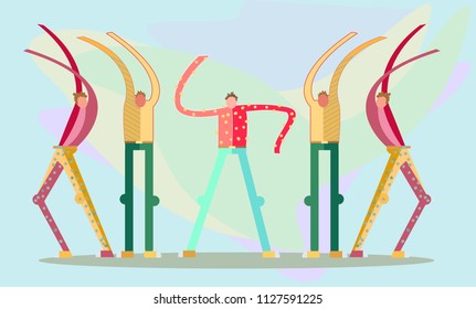 crazy party music dancing moving positive people costume funny art illustration vector 