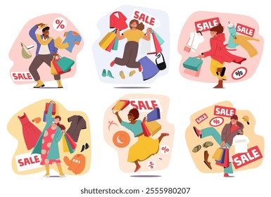 Crazy people shopaholic cartoon characters rejoicing great sale discounts for fashion clothing and footwear purchases at apparel boutique isolated scene set. Shopping clearance vector illustration