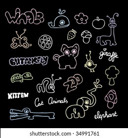 Crazy pets and zoo animal doodles on chalk board