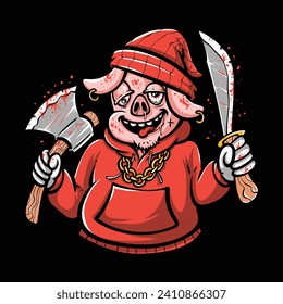 crazy pig character holding axe and knife vector