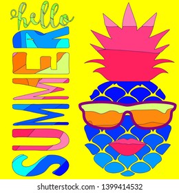 Crazy pineapple with lips and sunglasses and lettering Hello summer. Colorful cartoon vector illustration on yellow background.