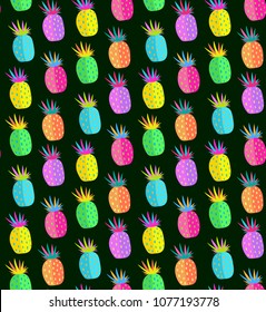 Crazy Pineapple Seamless Pattern. Fun Design Of Colorful Pineapple Fruits, Summertime Print. Vector Illustration.