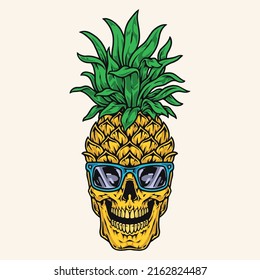 Crazy pineapple vintage colorful emblem tropical fruit in lover party-goer sunglasses with skull teeth beach party metaphor vector illustration