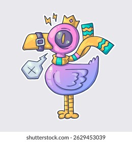 A crazy pink bird. Cartoon vector character. Trendy style. Vector illustration.
