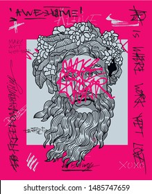 Crazy pink calligraphy.  Zeus sulpture