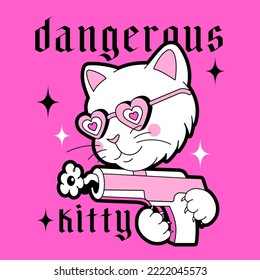 Un gatito de color rosa loco con una pistola. Gafas de sol con forma de corazón de gato espeluznante y divertido. Imprimir o pegar con eslogan.Estilo extraño de los años 2000.