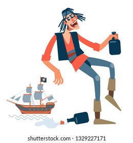 Crazy pirate got drunk rum and having fun in a drunken state. Vector illustration of flat cartoon on white background