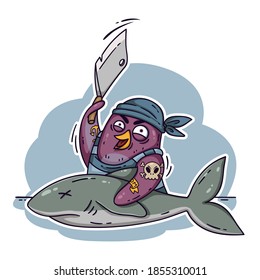 Crazy pirate penguin cuts a shark with a cleaver. Cook on the ship cooking fish. Funny bird vector illustration isolated on white background in doodle style.