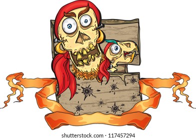 crazy pirate skull on the wooden board