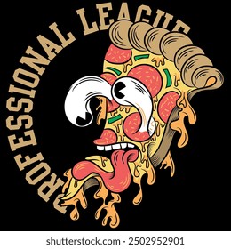 Crazy pizza character with googly eyes made of pepperoni, anchovies and green peppers, with melted cheese, served on funny texts in sporty and urban style.