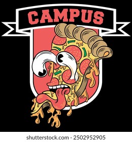 Crazy pizza character with googly eyes made of pepperoni, anchovies and green peppers, with melted cheese, served on funny texts in sporty and urban style.