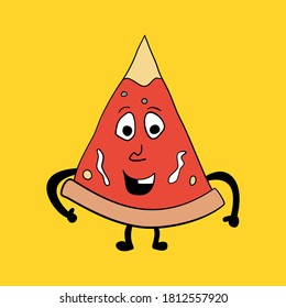 Un personaje de pizza loca con queso y tomates. Graciosa ilustración de una mascota de comida. Dibujo vectorial aislado.
