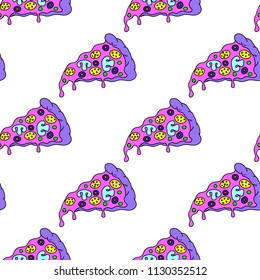 Crazy pizza seamless pattern. White background.