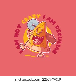 Crazy pizza slice character vector illustration. Funny, mascot, food design concept.