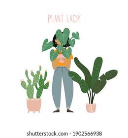 Crazy plant lady. Cute  young woman  with plants. Modern vector illustration in flat cartoon style. 