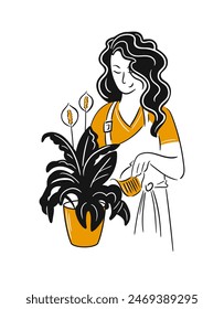 Crazy plant lady at greenhouse or home garden. A cute funny young woman with a watering can takes care of a houseplant spathiphyllum growing in a pot. Modern vector illustration in flat cartoon style.