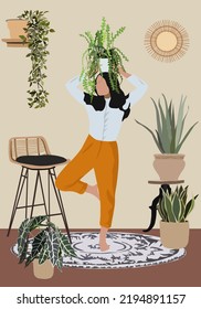 Crazy plant lady at home garden. Cute young woman taking care of houseplants growing in pots or planters. Modern vector illustration in flat cartoon style.