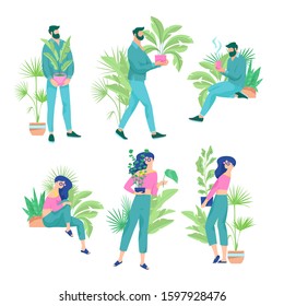 Crazy plant lovers vector set. Trendy style illustrations of man and woman caring for houseplants. Microstock vector bundle isolated on a white background.