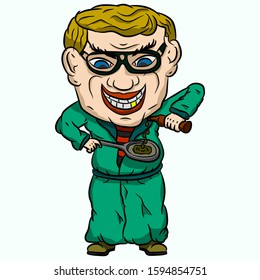 Crazy professor alchemist 
in a green robe. Vector drawing.