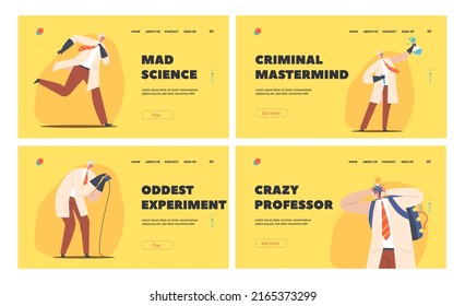 Crazy Professor Landing Page Template Set. Old Funny Scientist Man Wear Lab Coat and Rubber Gloves Conduct Oddest Experiments. Evil Nuts Doctor Character Activities. Cartoon Vector Illustration