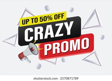 crazy promo sale word mega phone concept vector illustration and 3d style, landing page, template, ui, web, mobile app, poster, banner, flyer, background, gift card, coupon, label, wallpaper

