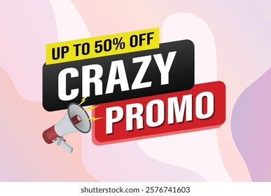 crazy promo sale word mega phone concept vector illustration and 3d style, landing page, template, ui, web, mobile app, poster, banner, flyer, background, gift card, coupon, label, wallpaper

