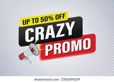 crazy promo sale word mega phone concept vector illustration and 3d style, landing page, template, ui, web, mobile app, poster, banner, flyer, background, gift card, coupon, label, wallpaper

