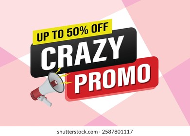 crazy promo sale word mega phone concept vector illustration and 3d style, landing page, template, ui, web, mobile app, poster, banner, flyer, background, gift card, coupon, label, wallpaper

