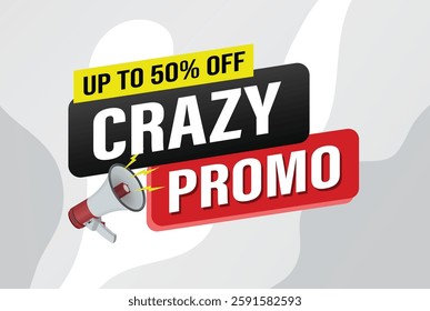 crazy promo sale word mega phone concept vector illustration and 3d style, landing page, template, ui, web, mobile app, poster, banner, flyer, background, gift card, coupon, label, wallpaper

