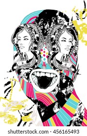 crazy psychedelic illustration with mutant monster girl heads instead of eyes