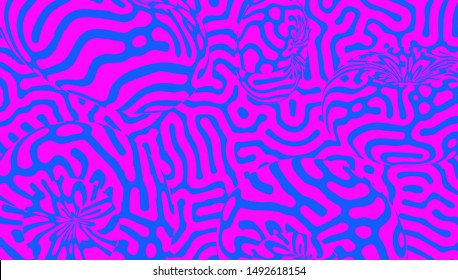 Crazy psychedelic neon blue and violet pattern in vaporwave style. Abstract vector hypnotic background with 3d torus.