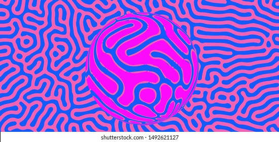 Crazy psychedelic neon blue and violet pattern in vaporwave style. Abstract vector hypnotic background with 3d sphere.