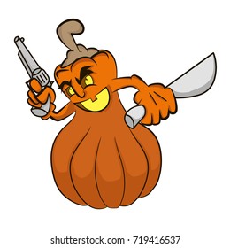 Crazy pumpkin with gun and knife vector cartoon 
