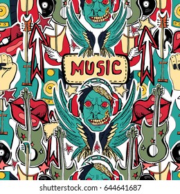 Crazy punk rock abstract background. Skulls, zombie, guitars, rock symbols, stars,lips. Seamless pattern.  Can use for  party decoration, wallpaper, gift wrap, prints, home decor. 