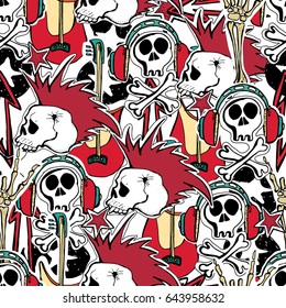 Crazy punk rock vector abstract background. Skulls, zombie, guitars, rock symbols, disk, stars, lips. Seamless pattern.  Can use for  party decoration, wallpaper, gift wrap, prints, home decor. 