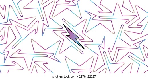 Crazy purple lightning seamless pattern on white background with white stars, glowing colors. can be used to design t-shirts, wallpapers, screens, rock n roll music backgrounds and sports themed