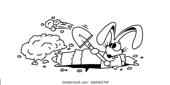 Crazy rabbit digs a pit with a shovel, looks for a treasure, vector illustration.