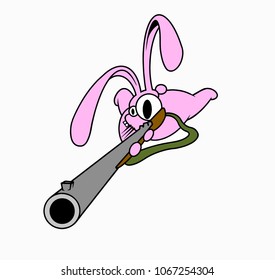 Crazy rabbit with a gun in his hands, shoots a rifle, vector illustration.